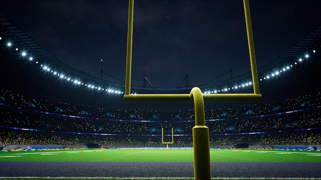 American football night stadium with fans iilluminated by spotlights waiting game