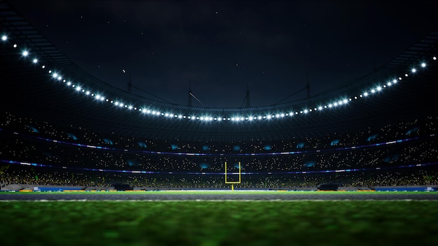 American football night stadium with fans iilluminated by spotlights waiting game