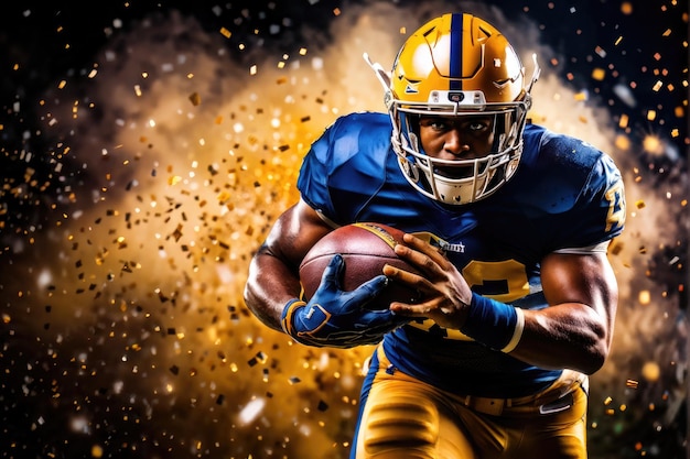 American football player in action against a sparkling fire backdrop