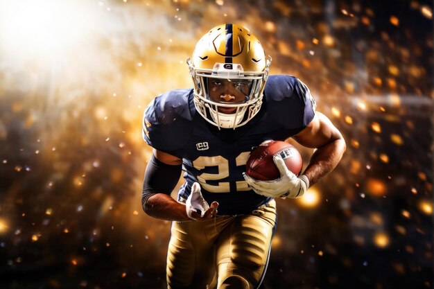 American football player in action against a sparkling fire backdrop