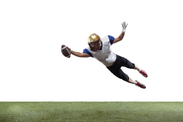 American football player in action isolated on white studio background