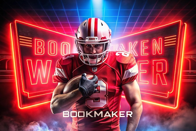 Photo american football player banner on red neon background template for bookmaker ads with copy space mockup for betting advertisement sports betting football betting