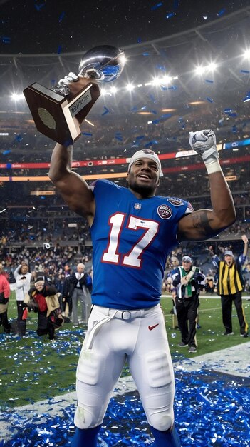 American Football Player Celebrating Victory Holding Trophy High in Stadium with Falling Glitterin