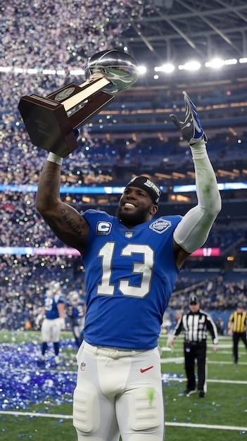 American Football Player Celebrating Victory Holding Trophy High in Stadium with Falling Glitterin