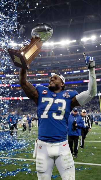 American Football Player Celebrating Victory Holding Trophy High in Stadium with Falling Glitterin