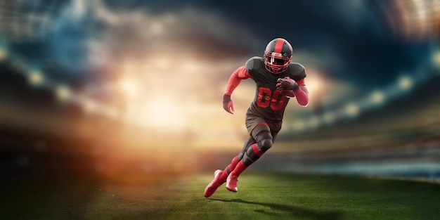 American Football player in red and black uniform in running pose against stadium background American Football advertising poster template blank sports 3D illustration 3D rendering