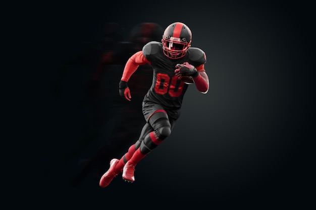 American Football player in red and black uniform in running pose on black background American Football advertising poster template blank sports 3D illustration 3D rendering