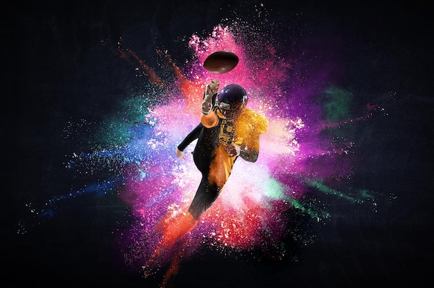 American football player with colourful splashes. Mixed media