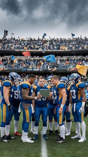 American Football Players Using Tablet Computer to Go Over Game Strategy Before Walking on a Stadiu