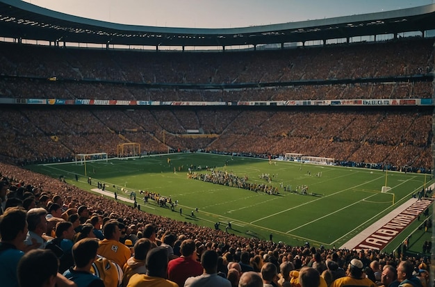 American football stadium with yellow goal post grass field and blurred fans at playground view cheering up 3D render Concept of outdoot sport activity football championship match game space