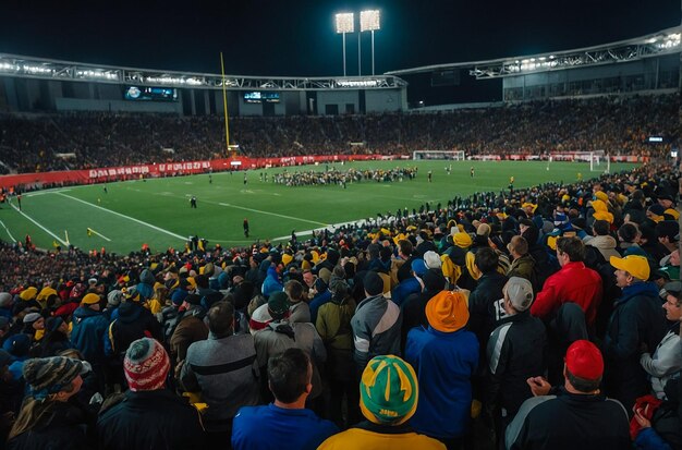 American football stadium with yellow goal post grass field and blurred fans at playground view cheering up 3D render Concept of outdoot sport activity football championship match game space