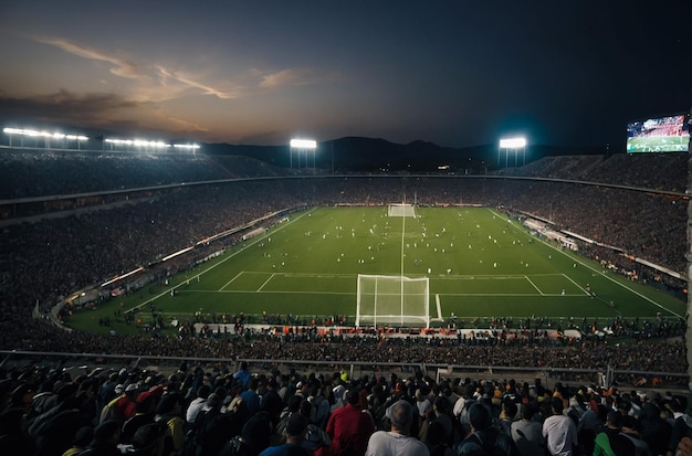 American football stadium with yellow goal post grass field and blurred fans at playground view cheering up 3D render Concept of outdoot sport activity football championship match game space