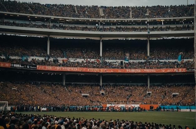 American football stadium with yellow goal post grass field and blurred fans at playground view cheering up 3D render Concept of outdoot sport activity football championship match game space