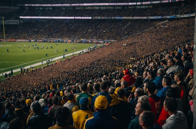 American football stadium with yellow goal post grass field and blurred fans