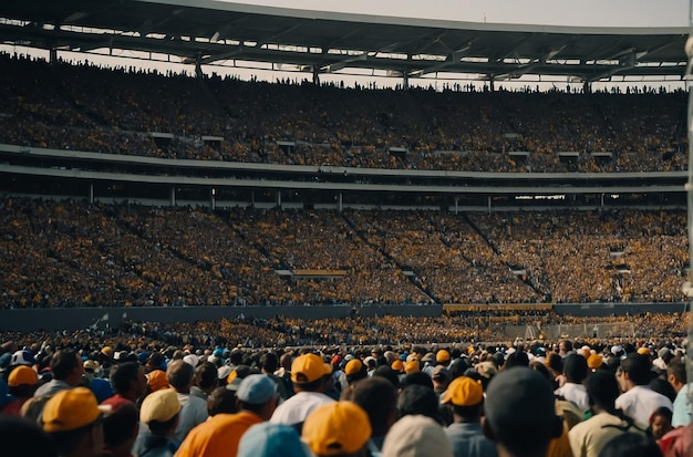 American football stadium with yellow goal post grass field and blurred fans