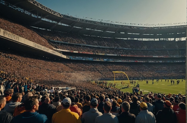 American football stadium with yellow goal post grass field and blurred fans