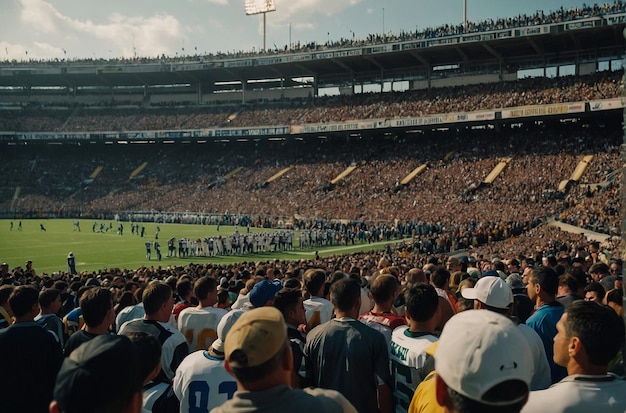 American football stadium with yellow goal post grass field and blurred fans