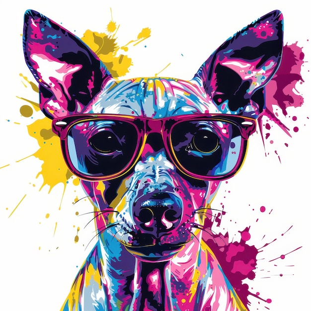 American Hairless Terrier dog wearing sunglasses in colorful pop art style