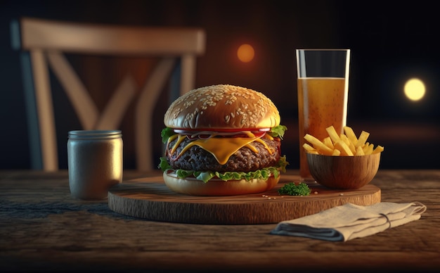 An american hamburger and a bowl of french fries sit on a table delicious cheeseburger ai generated