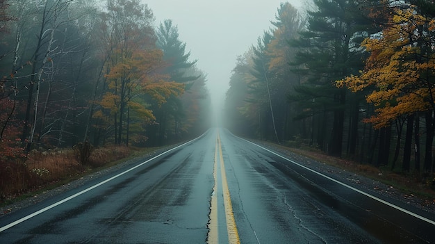 American highway in the woodland on a rainy foggy day Generative AI