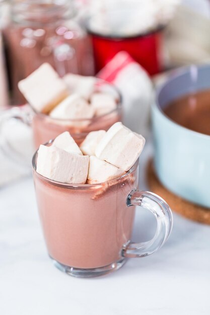 American hot chocolate topped with large marshmallow in glass cup.