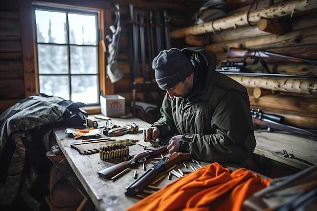 American hunter in cabin with rifle parts hunter making rifle tools