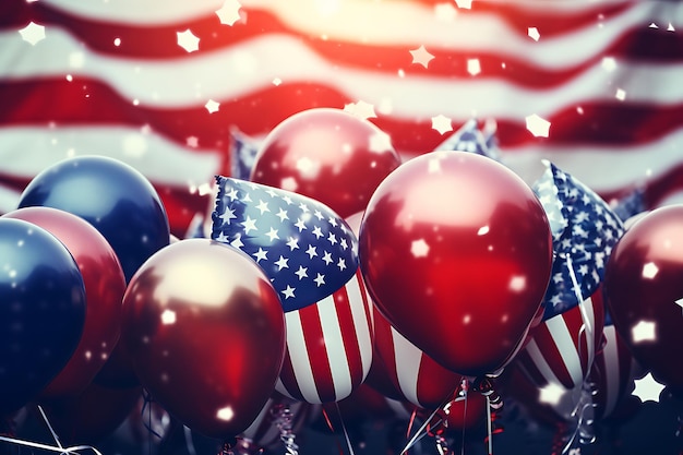 American independence day background with metallic balloons and triangle flags