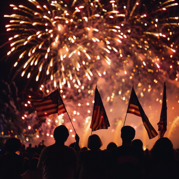 American independence day celebration with fireworks flags in hand celebration 4th July