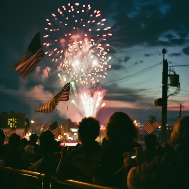 American independence day celebration with fireworks flags in hand celebration 4th July