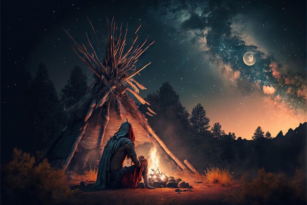 American indian sitting near bonfire and big mystical tree at night created with generative ai