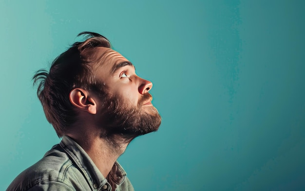 An American man with a contemplative gaze lost in thought Isolated on Medium Turquoise Background JPG Portrait image