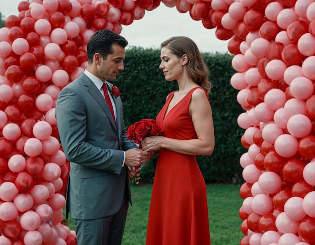 American man and woman are embracing she is in a red dress and he is in a black suit