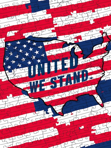 American map formed by interlocking puzzle pieces in red white blue text says United We Stand