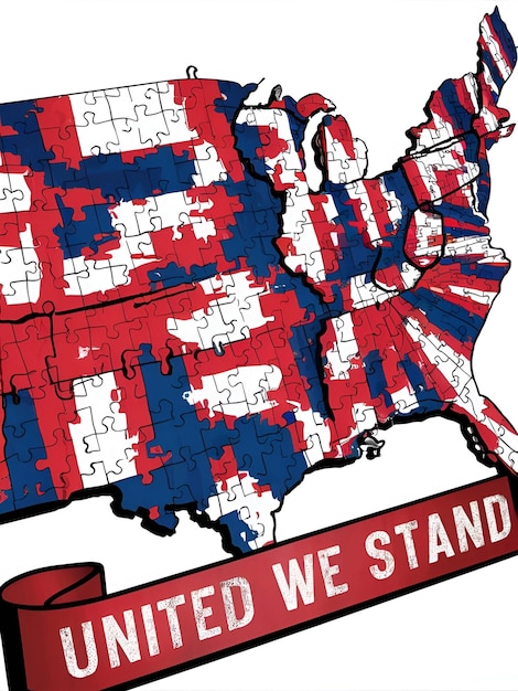 American map formed by interlocking puzzle pieces in red white blue text says United We Stand