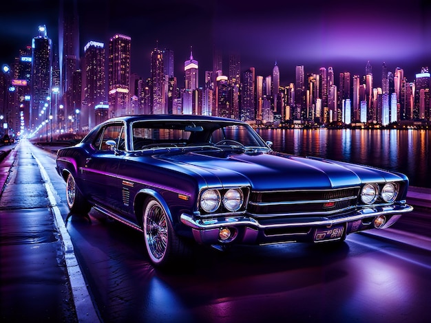 American muscle car in neon lights