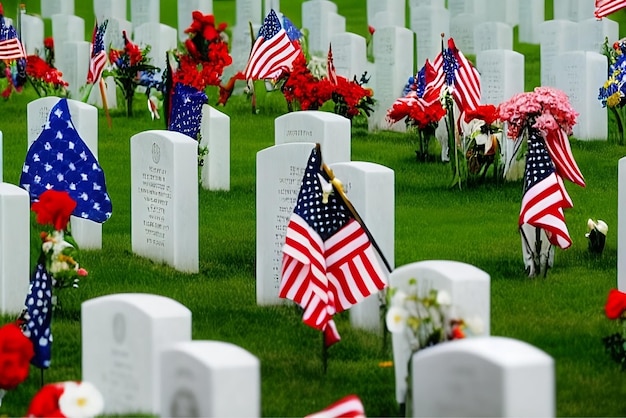 American national flags on veteran tombstones