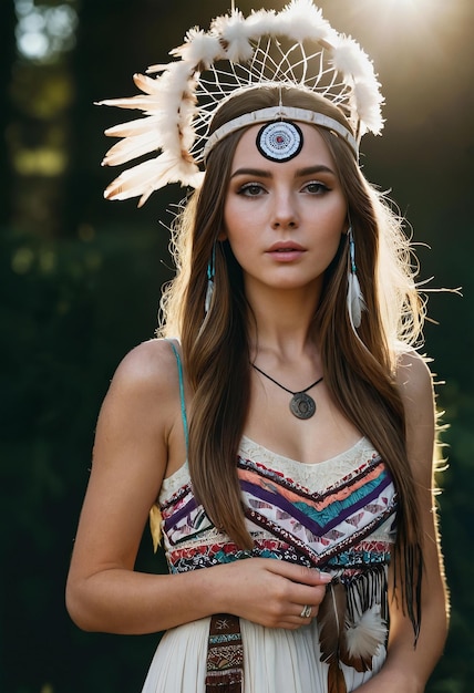 American native style a woman with a hat and Long Brown Hair and Tribal Headpiece