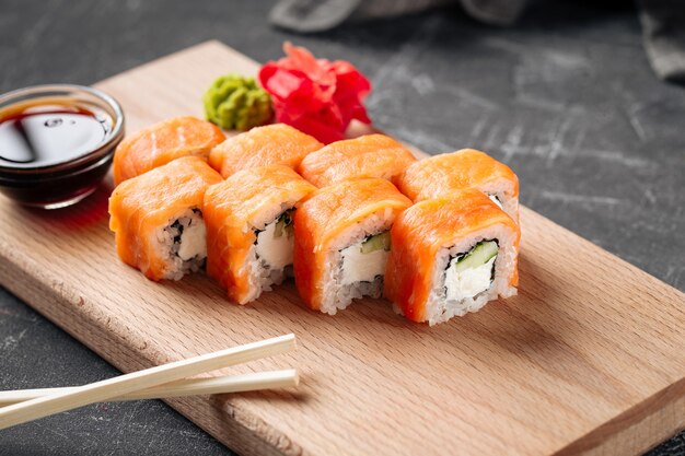 American philadelphia sushi rolls with salmon and cream cheese