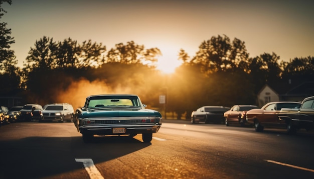 American retro dream car at sunset