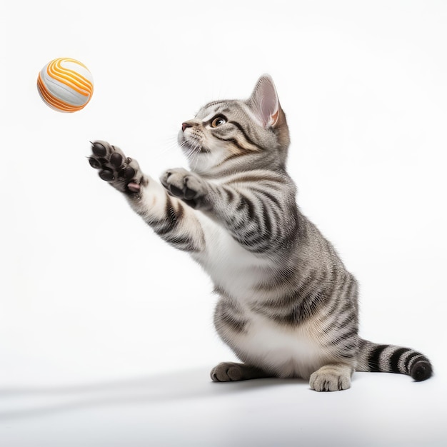 American Shorthair cat standing on hind legs and playing ball isolated on white background Fro