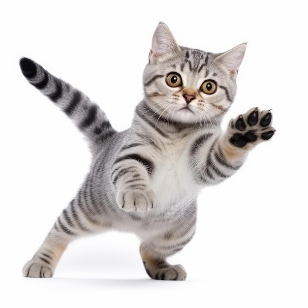 American Shorthair cat standing and raising paws up on white background Front view of cat cuto