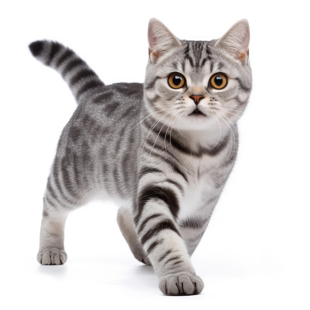 American Shorthair cat walking and looking at something on white background Front view of cat