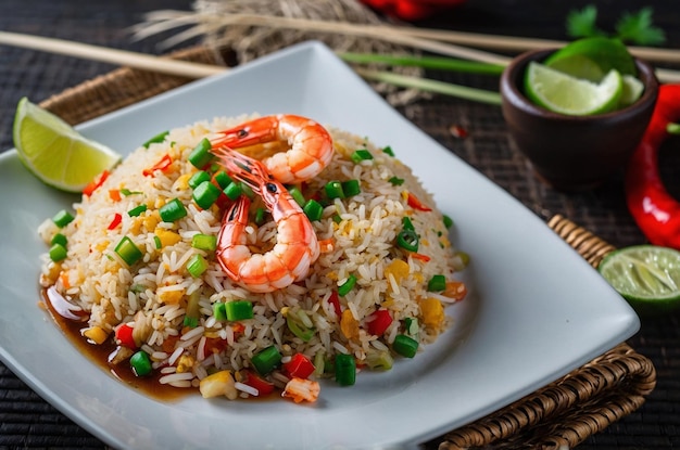 Photo american shrimp fried rice served with chili fish sauce thai food