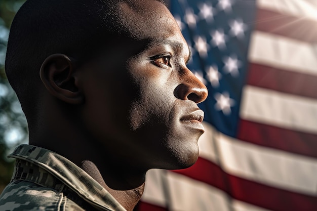 American soldier portrait us flag background Generative AI