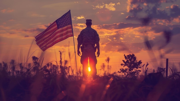 American soldier silhouette against sunset flag waving in breeze Independence Day dramatic lighting photorealistic detailed patriotic serene background