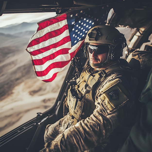 Photo american soldier standing proudly with us flag in background