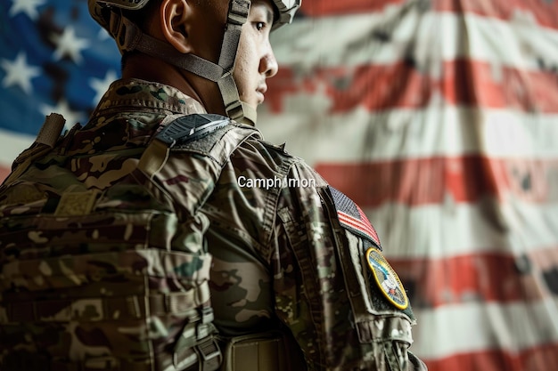 Photo an american soldier stands in front of the bruneian flag with an american badge on his arm and shoulder