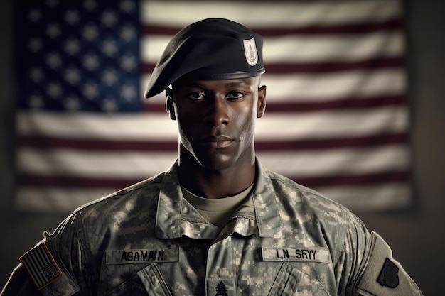 American soldier in uniform standing tall and saluting with the American flag in the background Generative AI