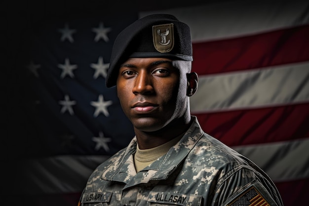 American soldier in uniform standing tall and saluting with the American flag in the background Generative AI