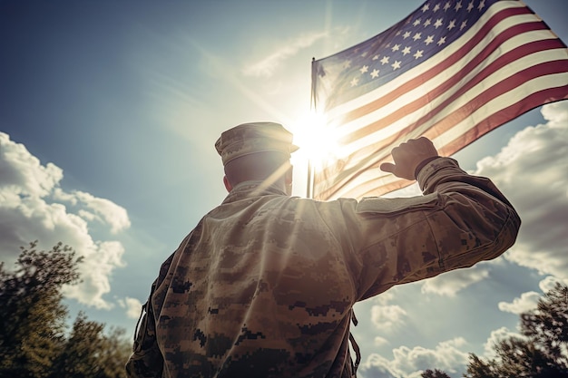 An American soldier with an American flag in his hand looks out into the clear weather for Day of Remembrance or July 4 Day of Remembrance generative ai